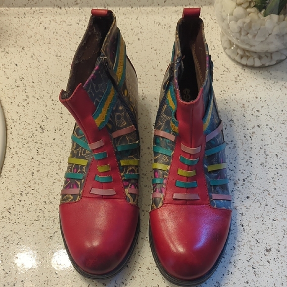 Floral Multicolor Red Leather Ankle Booties - Picture 2 of 6